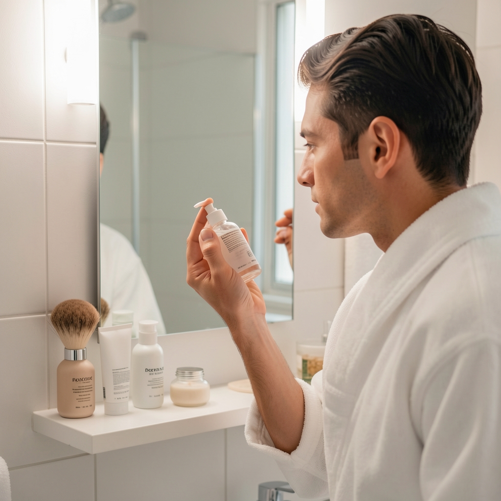 Man applying skincare product in a well-lit bathroom mirror, clean minimal grooming setup on the shelf