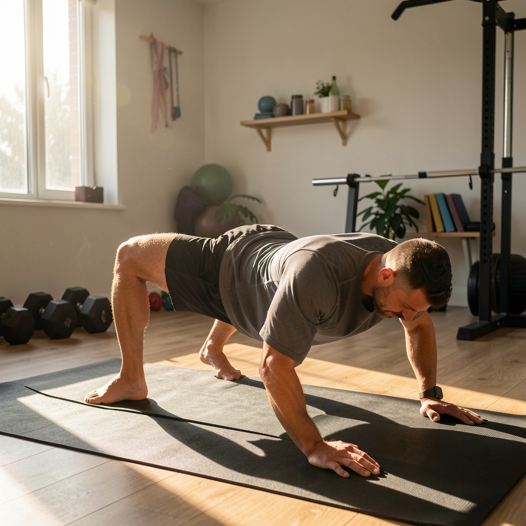 Man performing bodyweight strength training in a sunlit home gym, morning light casting long shadows