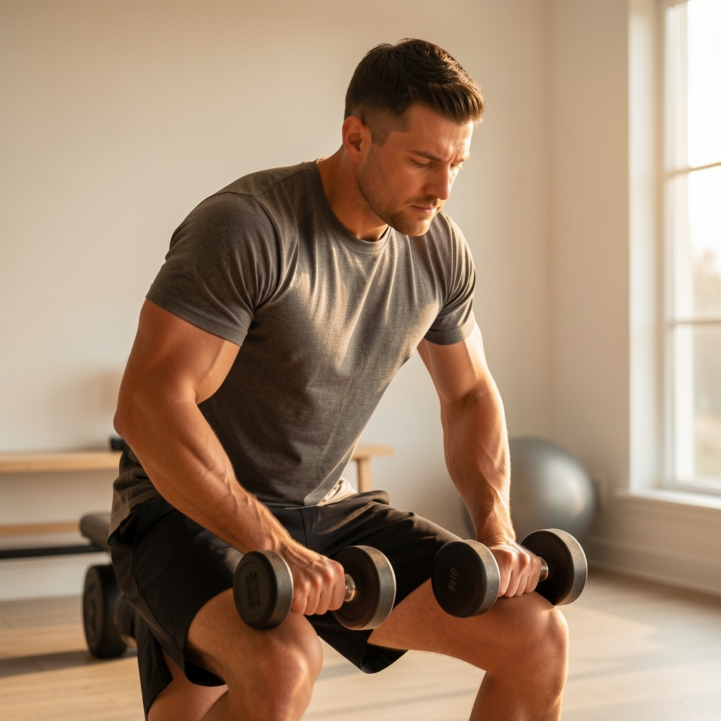 Man performing dumbbell rows in a minimalist home gym, focused posture, warm natural lighting
