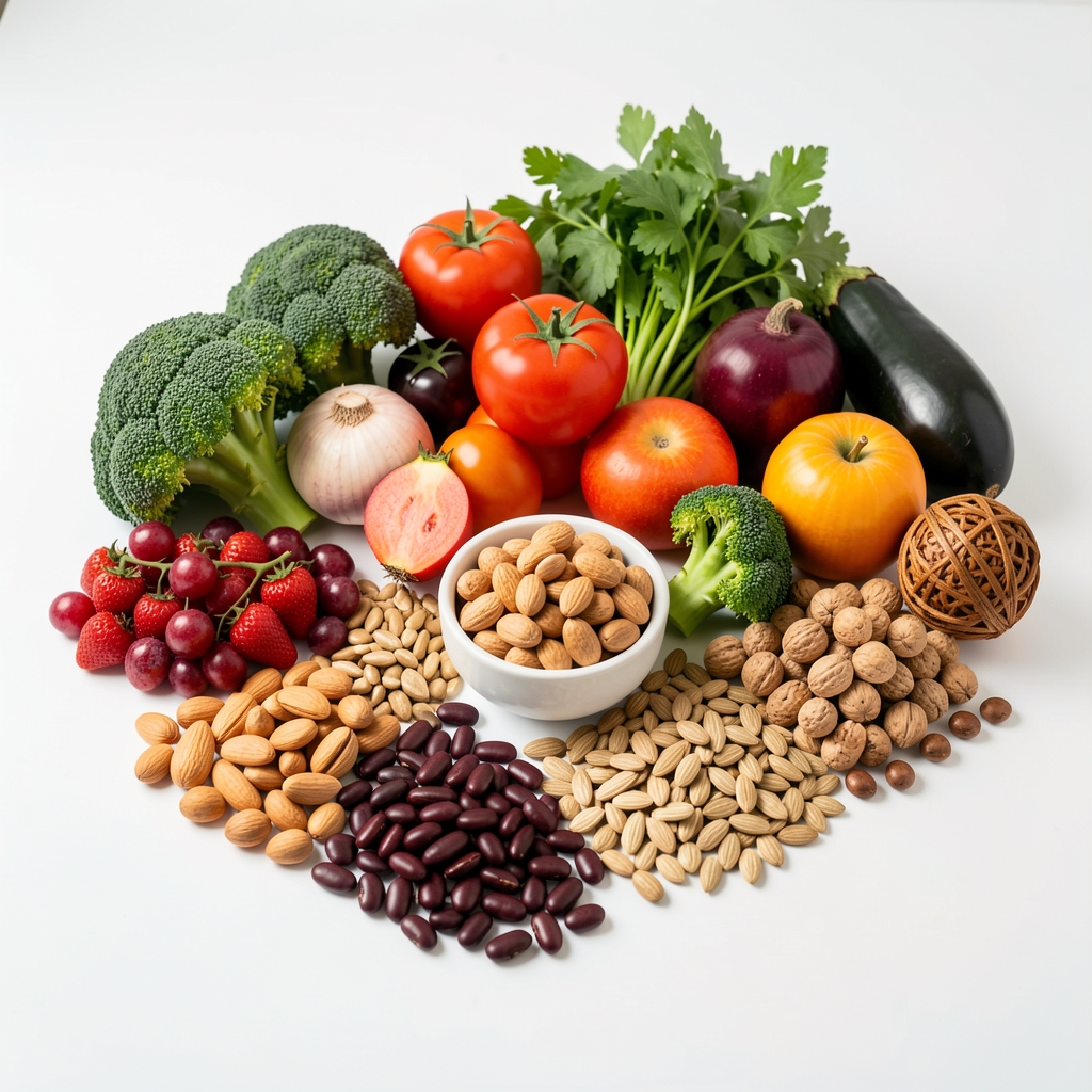 Colourful array of whole foods including vegetables, legumes, nuts and seeds arranged on a clean white surface