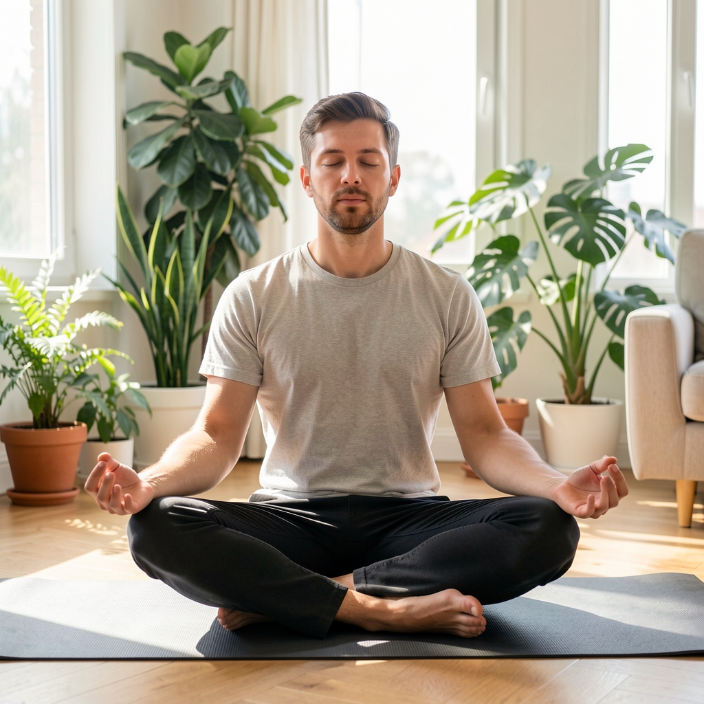Man meditating on a yoga mat in a bright apartment with plants in the background, morning stress management practice