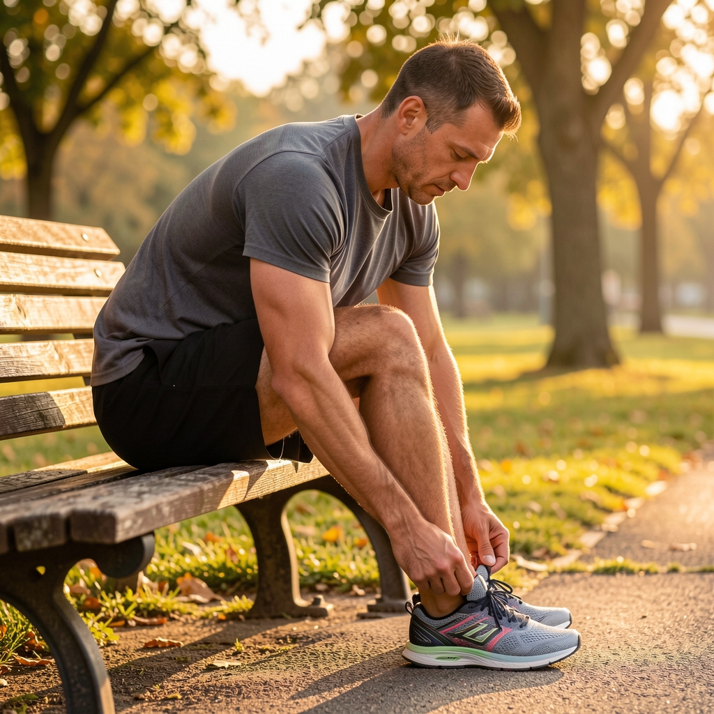 Man tying running shoes on a park bench before a morning outdoor fitness session, golden morning light