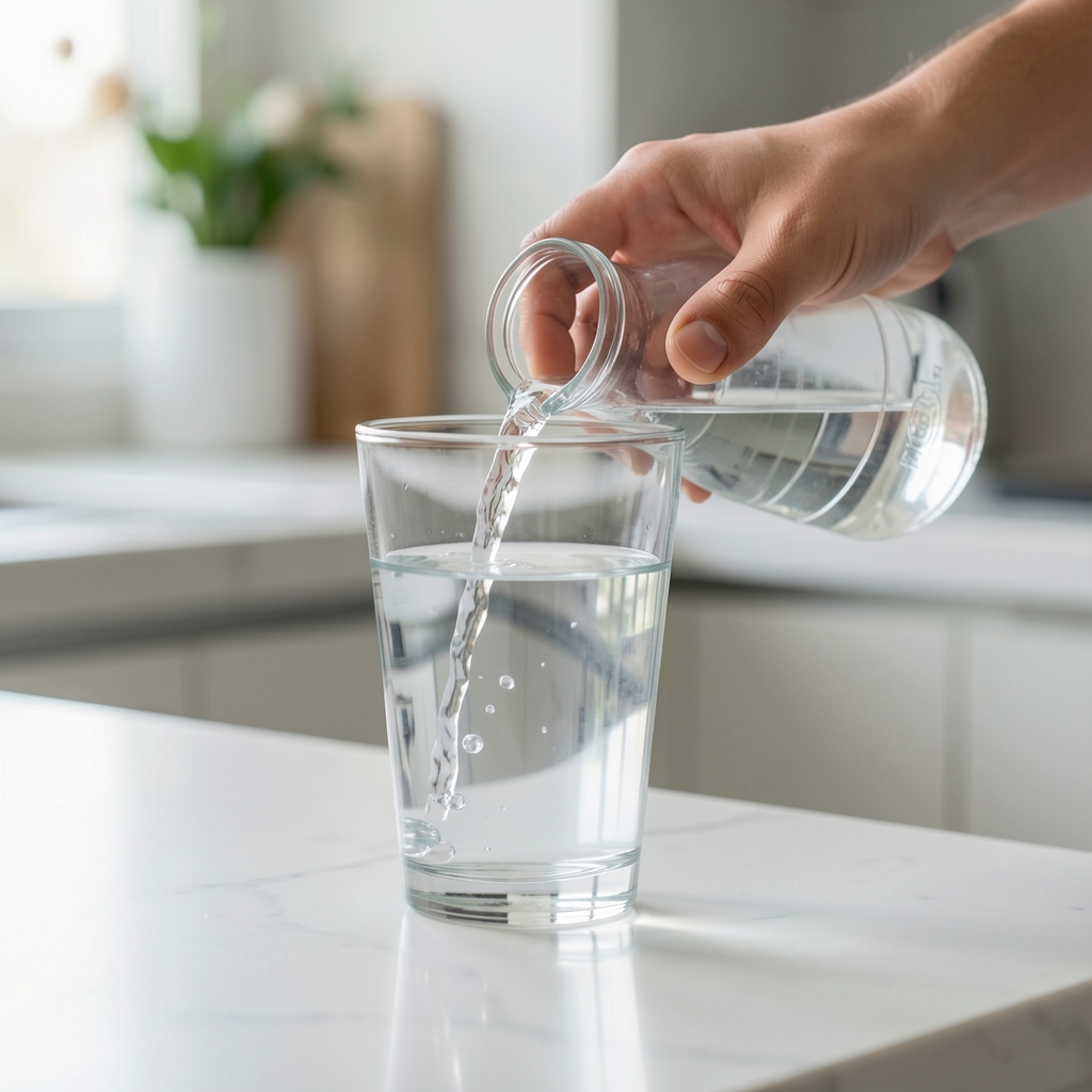 Close-up of a hand pouring water into a clear glass on a clean countertop, hydration documentation